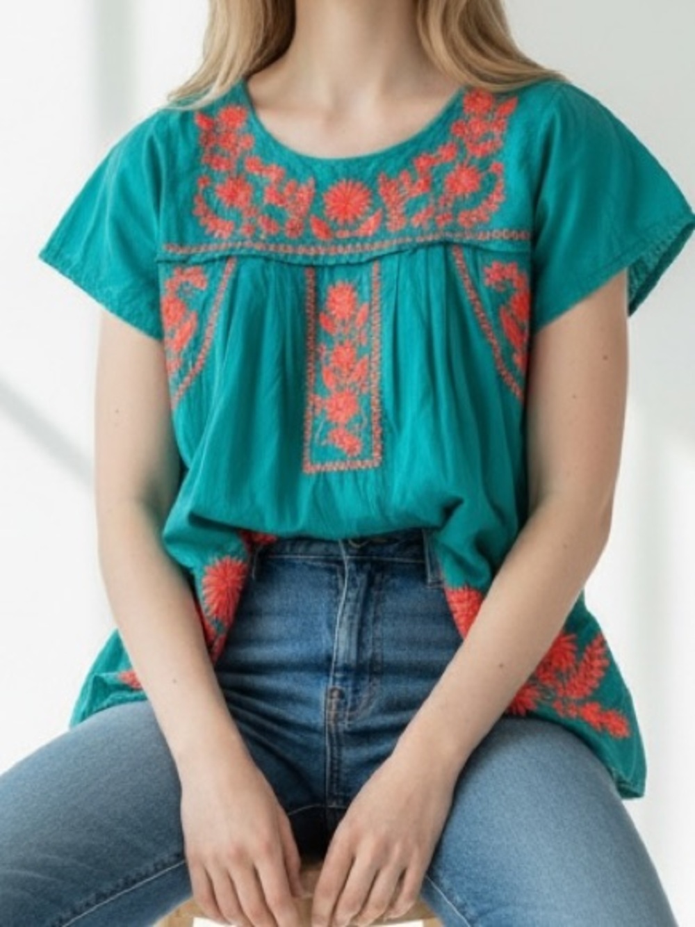 Calypso St. Barth Embroidered Blouse In Teal & Orange Size XS